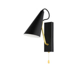 A sleek black wall light with a gold arm and a pull cord switch. A minimalist lighting choice.