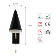 A modern, minimalist black wall light fixture with a conical shade and a pull cord switch. Dimensions are clearly displayed.