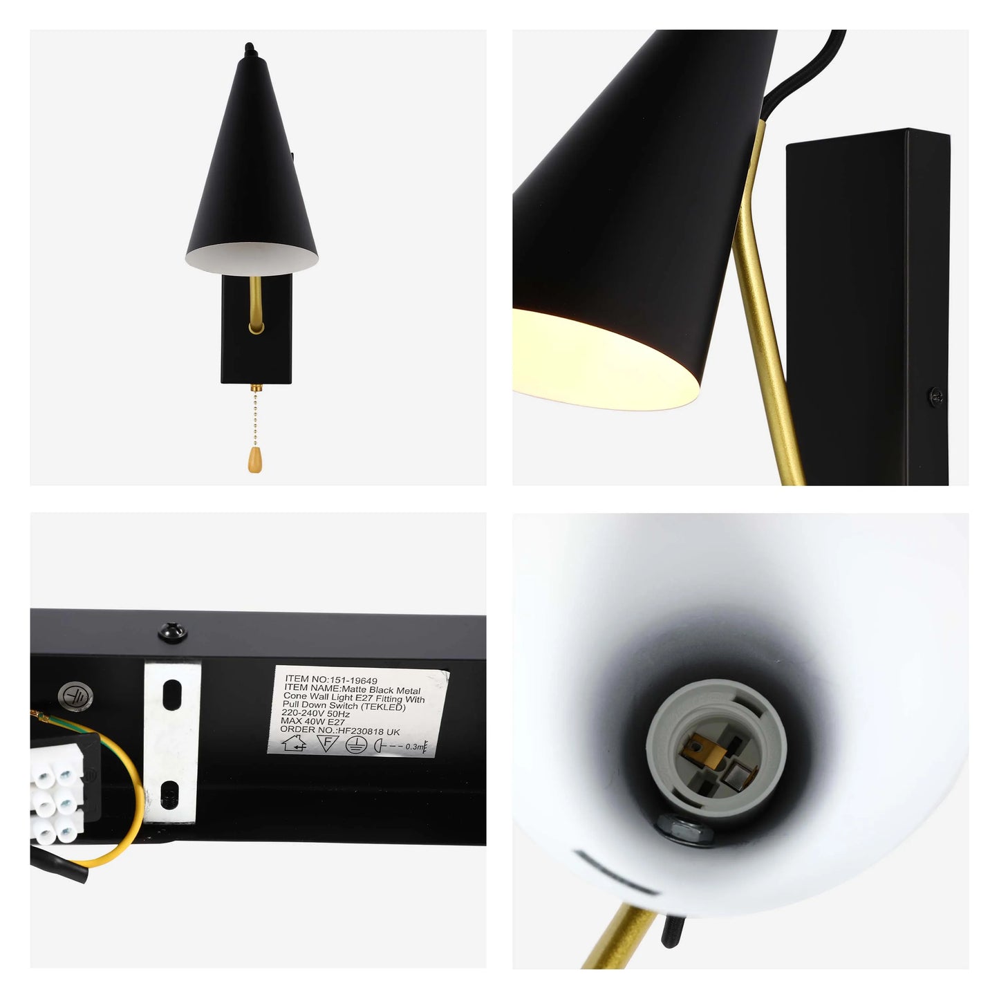 A matte black, cone-shaped wall light with a pull-down switch. Modern and minimalist, it offers a sleek lighting solution.
