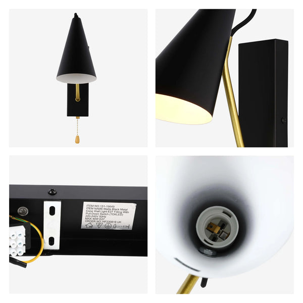 A matte black, cone-shaped wall light with a pull-down switch. Modern and minimalist, it offers a sleek lighting solution.