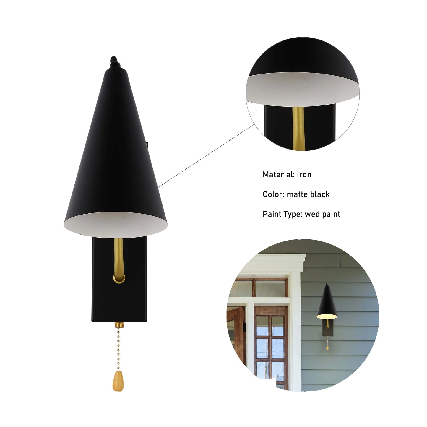 A black, cone-shaped wall light with a golden pull chain, showcasing a modern and minimalist design.