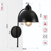 Tehcnical specifications and dimensions of Black Metal Dome Wall Light with E27 Fitting