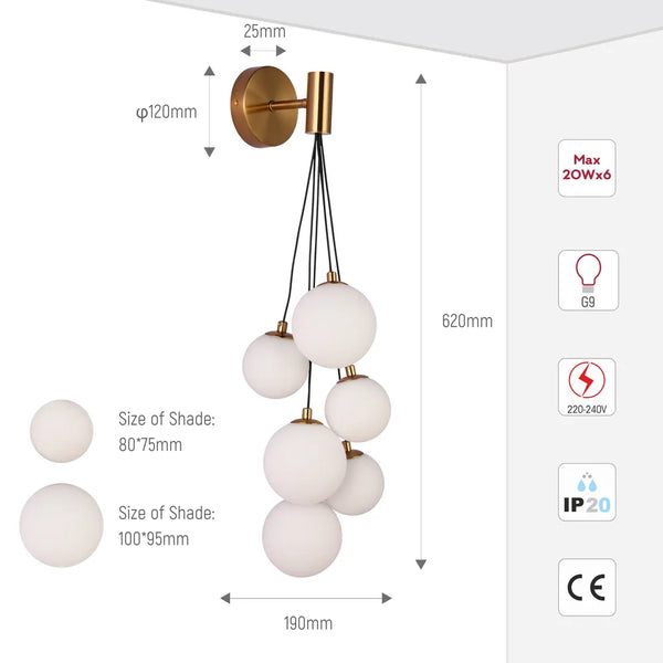 Size and technical specs of the Bronze Wall Light 39307 Milky Glass 6xG9(TEKLED)-151-20054-151-20054