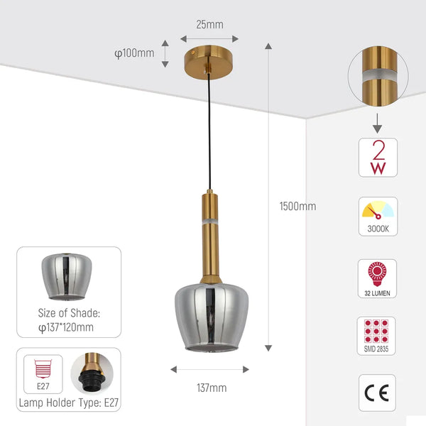 Size and technical specs of the Chandelier 66975-1A Smoke Glass 1xE27+LED 3000K(TEKLED)-159-18304-159-18304