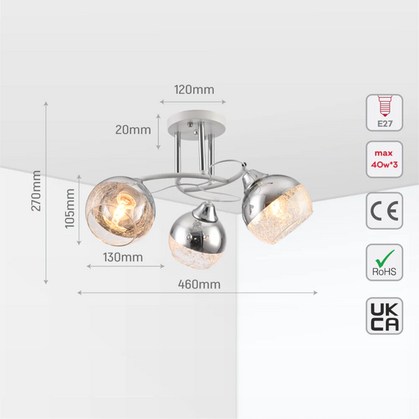 Chrome Metal Partial Mirror Cone Glass Ceiling Light E27 12