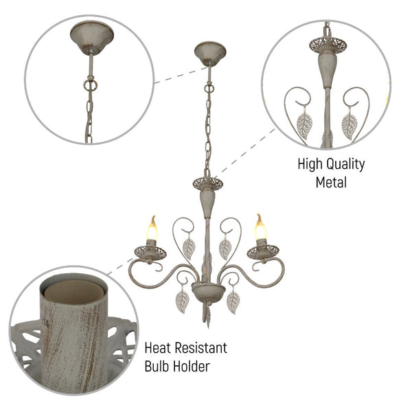 Close up shots of Candle French Mediterian Leaf Traditional Vintage Gold Patinated White Ceiling Light with 3xE14 Fittings | TEKLED 158-19094