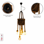 Close up shots of Firewood Basket with 6 Hemp Rope Chandelier E27 Fitting | TEKLED 158-17874