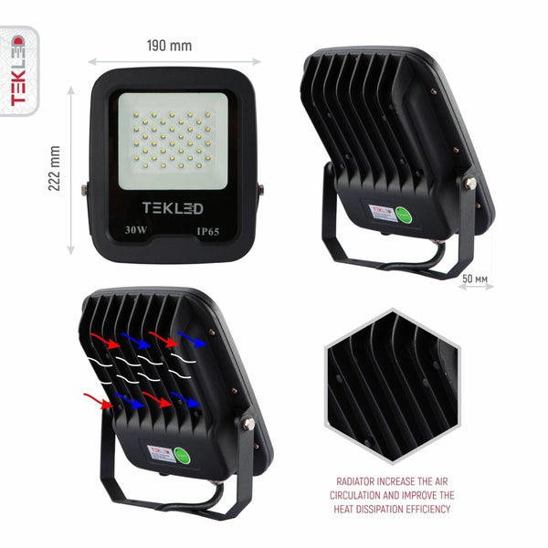 Крупный план светодиодного прожектора SMD 3030, 30W, стильный и прочный, идеально подходит для наружного освещения в современном декоре.