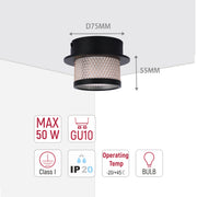 A black and copper ceiling light, showcasing a stylish and modern design. Dimensions D75mm, height 55mm.
