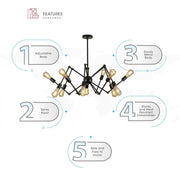 Features of black hinged rod metal spider chandelier with 12xe27 fitting