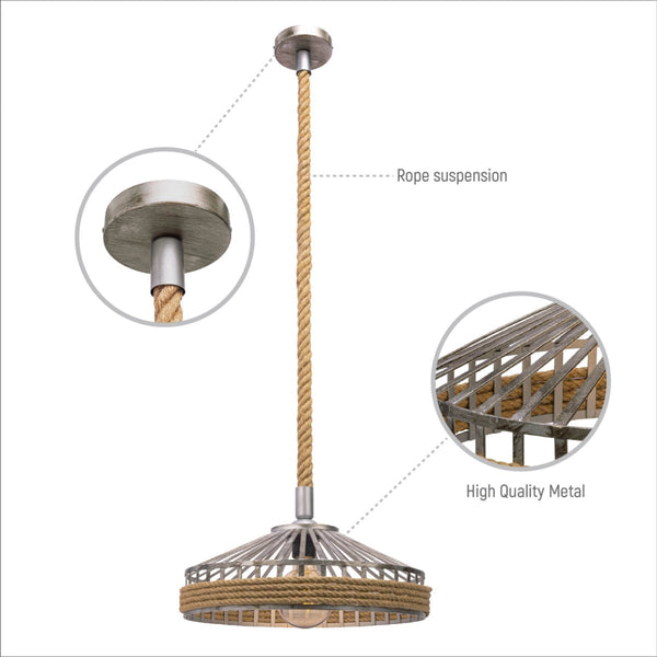 A rustic, industrial-style pendant light. It features rope suspension and a metal cage shade with rope detailing.