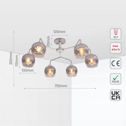 Size and tech specs of Elegant Wishbone Chrome & Smoky Glass Semi Flush Ceiling Light | TEKLED 159-17991