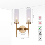 A stylish two-bulb wall light with fluted glass shades and a sleek gold finish. Ideal for adding a touch of elegance.