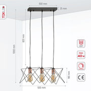 Product dimensions of black metal caged island chandelier with 3xe27 fitting