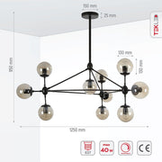Product dimensions of black rod metal amber glass globe chandelier with 10xe27 fitting