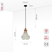 Product dimensions of caged copper metal clear glass step pendant light with e27 fitting