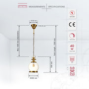 Product dimensions of golden bronze metal amber glass globe pendant light sealed with e27 fitting