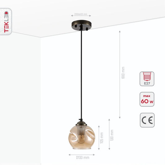 Техническое изображение измерений потолочного светильника с янтарным стеклом и антикоррозийным латунным каркасом.