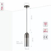 Product dimensions of smoky glass pearl black plated top cylinder pendant light e27
