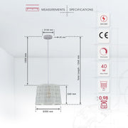 Product dimensions of white metal frustum pendant light square pattern with e27 fitting