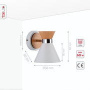 Product dimensions of white wood metal funnel wall light e14