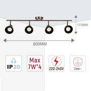 A four-bulb ceiling spotlight fitting in bronze. Displays 800mm length, 175mm height, IP20, Max 7W*4, 220-240V and Class I rating.