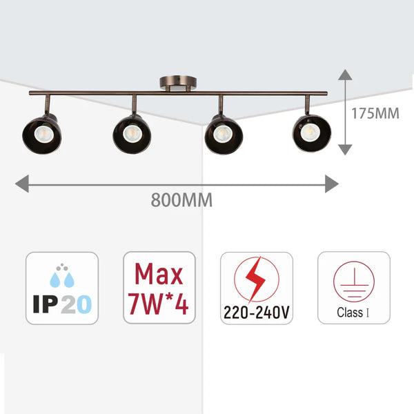 A four-bulb ceiling spotlight fitting in bronze. Displays 800mm length, 175mm height, IP20, Max 7W*4, 220-240V and Class I rating.