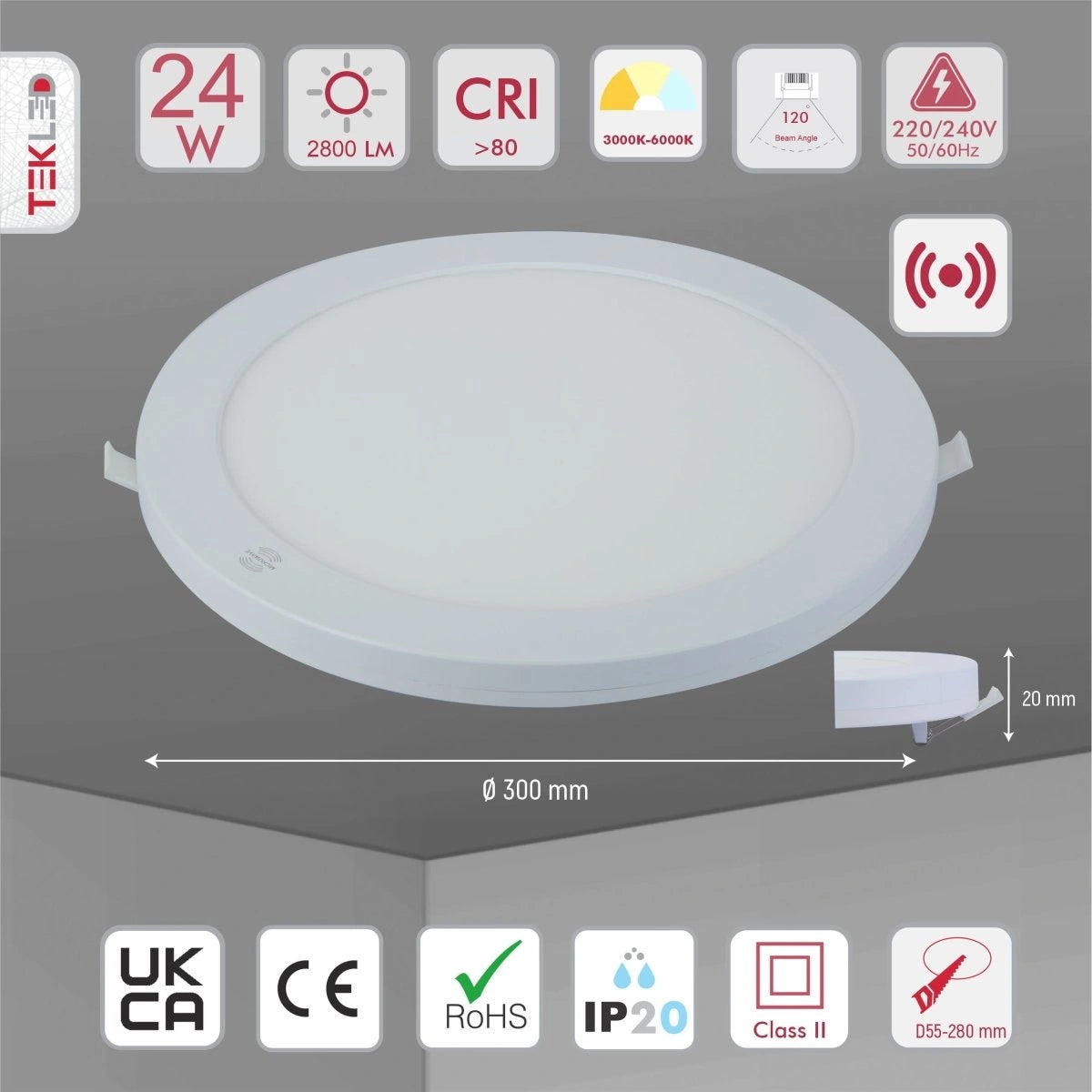 Технические характеристики круглого встроенного светильника LED 24W, подходящего для современных интерьеров.