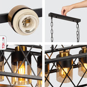 Detailed photo of black cuboid metal amber cylinder glass island chandelier with 4xe27 fitting