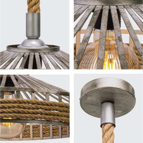 Rustic industrial pendant light fixture with cage shade, rope detail, and a metallic silver finish.
