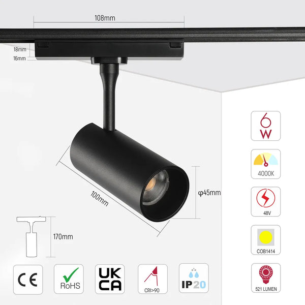 Size and technical specs of the LED Cylinder Magnetic Rotatable Track Light 6W 48V Black 4000K(TEKLED)-169-03100-169-03100