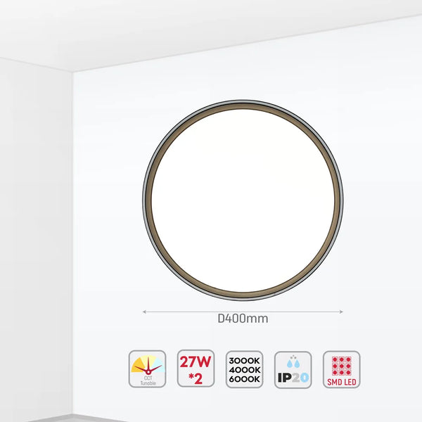 Size and technical specs of the LED Flush Ceiling Light Silvery Black D400 6000K/4000K/3000K 27Wx2(TEKLED)-165-16010