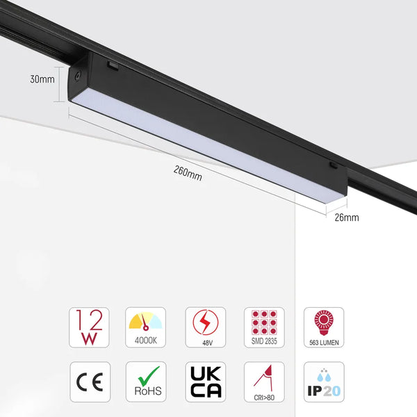 Size and technical specs of the LED Linear Magnetic Track Light 12W 48V Black 4000K(TEKLED)-169-03111-169-03111