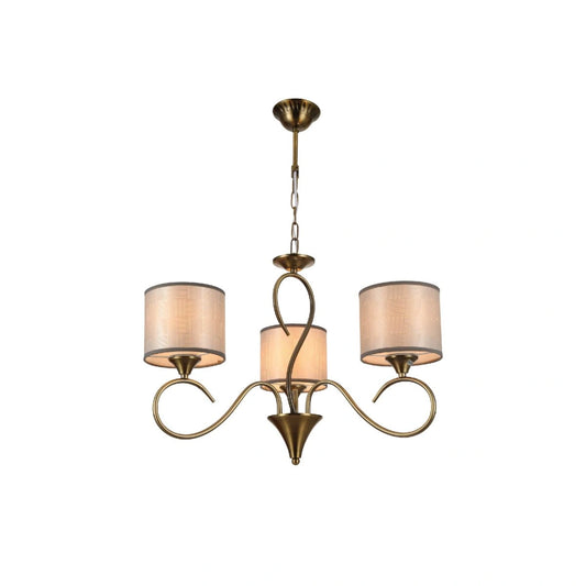 Основное изображение винтажной люстры с цилиндрическими серыми абажурами и бронзовой основой, идеальной для классического интерьера.