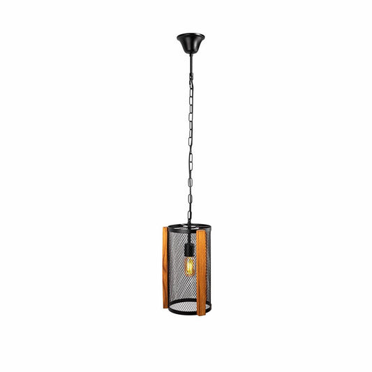 Black metal wood cylinder pendant light with e27 fitting main image