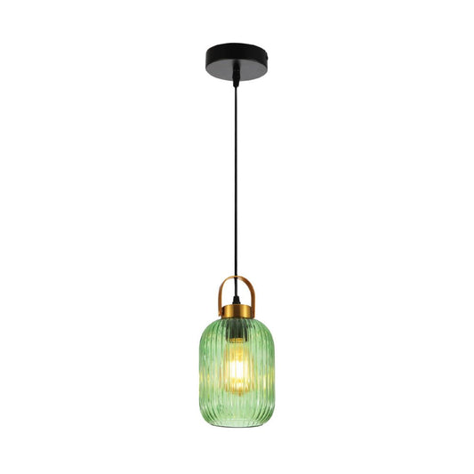 Main image of Sawyer Ribbed Fluted Reeded Maloto Lantern Green Glass Pendant Ceiling Light E27 Gold Handled  | TEKLED 150-18704