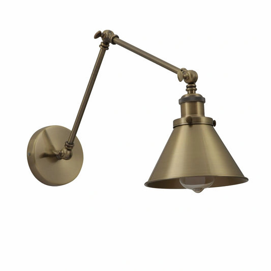 Основное изображение антикварного латунного настенного светильника в черном конусе, идеально подходящего для индустриального интерьера.