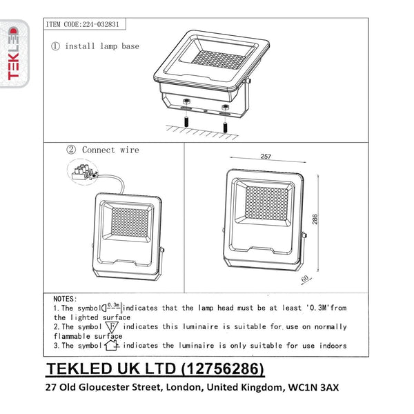 Технический чертеж светодиодного прожектора SMD 100W, описывающий размеры и инструкции по установке для использования на улице.