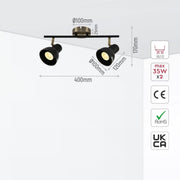 Size and specs of 2 Way Hektor Rod Spotlight with GU10 Fitting Antique Brass Black | TEKLED 172-03128