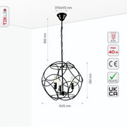 Size and specs of Black Globe Cage Pendant Chandelier Light with 3xE14 Fittings | TEKLED 159-17446