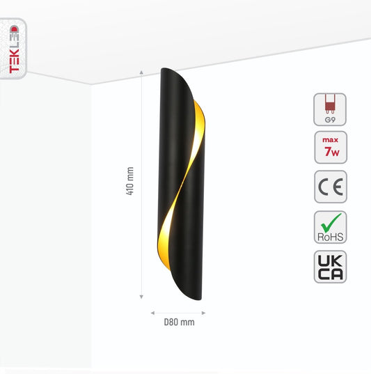 Size and specs of Black Gold Metal Cylinder Wall Light with 2xG9 Fitting | TEKLED 151-19742