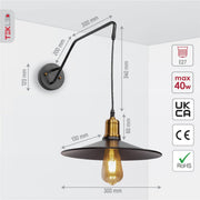 Size and specs of Black Gold Metal Suspended Wall Light with E27 Fitting | TEKLED 151-19636