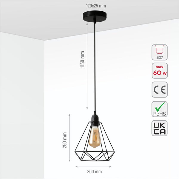 Size and specs of Black Metal Diamond Caged Funnel Single or Triple Pendant Ceiling Light with E27 | TEKLED 150-17378