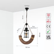 Size and specs of Crescent Wood Glass Cylinder Shaded Rustic Farmhouse Nautical Pendant Ceiling Light E27 | TEKLED 159-17848