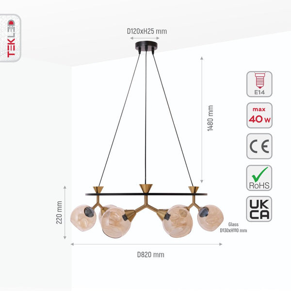 Size and specs of Locanda Amber Glass Chandelier 6xE14 Fitting | TEKLED 159-17390