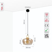 Size and specs of Miele Grande Amber Glass Pendant Light with E27 Fitting | TEKLED 159-17496