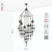 Size and specs of Moroccan Style Antique Brass and Clear Glass Chandelier with 7xE27 | TEKLED 158-19557