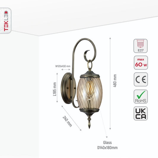 Техническая информация настенного светильника в марокканском стиле с античным бронзовым корпусом и стеклом янтарного цвета.