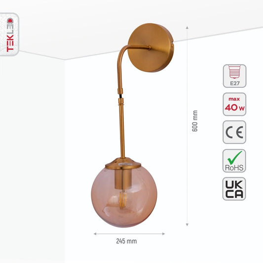 Технические характеристики подвесного светильника из янтарного стекла с золотой металлической основой, размеры и параметры E27.