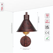 Size and specs of Red Bronze Metal Funnel Wall Light with E27 Fitting | TEKLED 151-19638